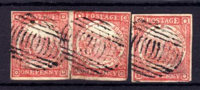 AUSTRALIAN STATES: NEW SOUTH WALES: 1850 1d NO CLOUDS PLATE 1, PAIR AND SINGLE,