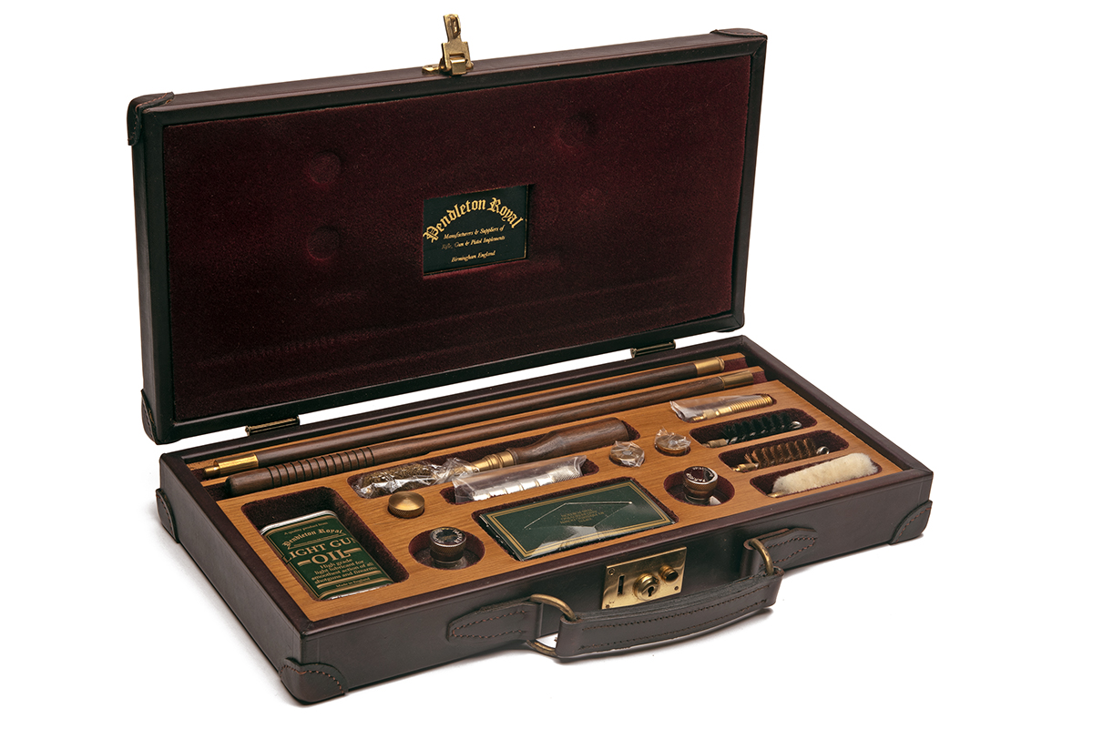 PENDLETON ROYAL AN UNUSED LUXURY BROWN LEATHER 'LONDON' 12-BORE PRESENTATION GUN CLEANING KIT,