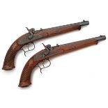 AN UNUSUALLY LATE COMPOSED PAIR OF 120-BORE PERCUSSION RIFLED GERMAN TARGET PISTOLS, UNSIGNED,