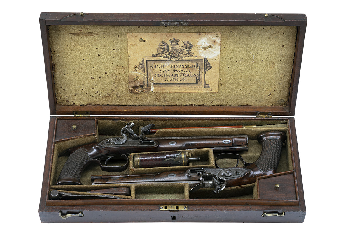 A CASED PAIR OF SAW-HANDLED 28-BORE FLINTLOCK DUELLING PISTOLS BY J. PROSSER, LONDON, no visible - Image 2 of 8