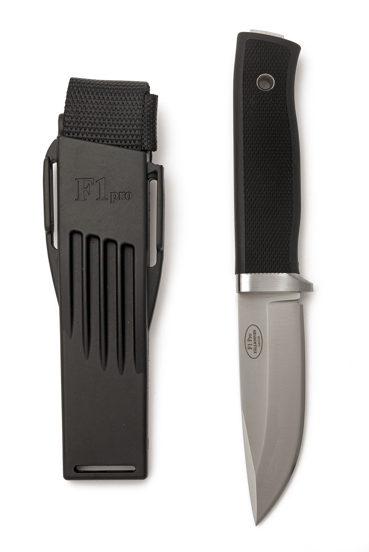 A CASED FALLKNIVEN F1 PRO SURVIVAL-KNIFE, recent, with 4in. clip-point blade, small stainless