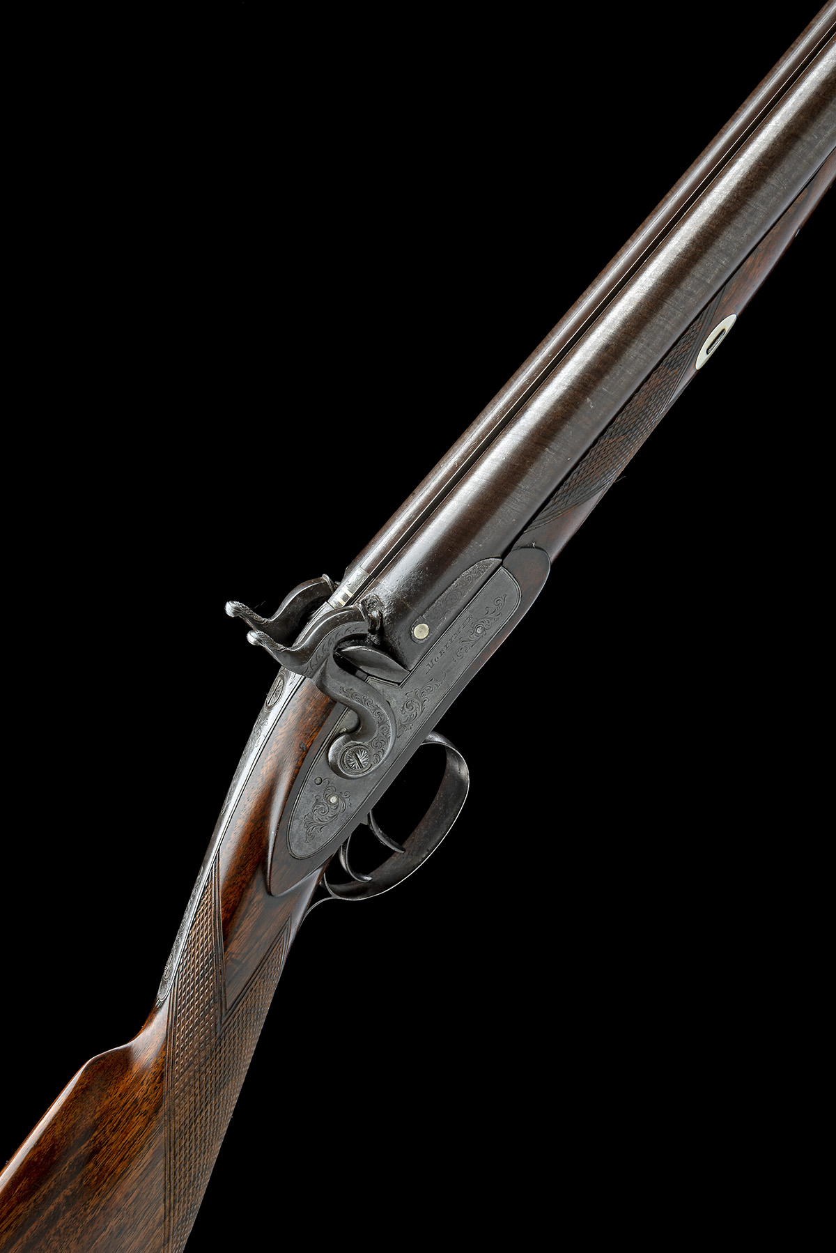 A 10-BORE PERCUSSION SPORTING GUN SIGNED MORTIMER, CIRCA 1850, no visible serial number, with