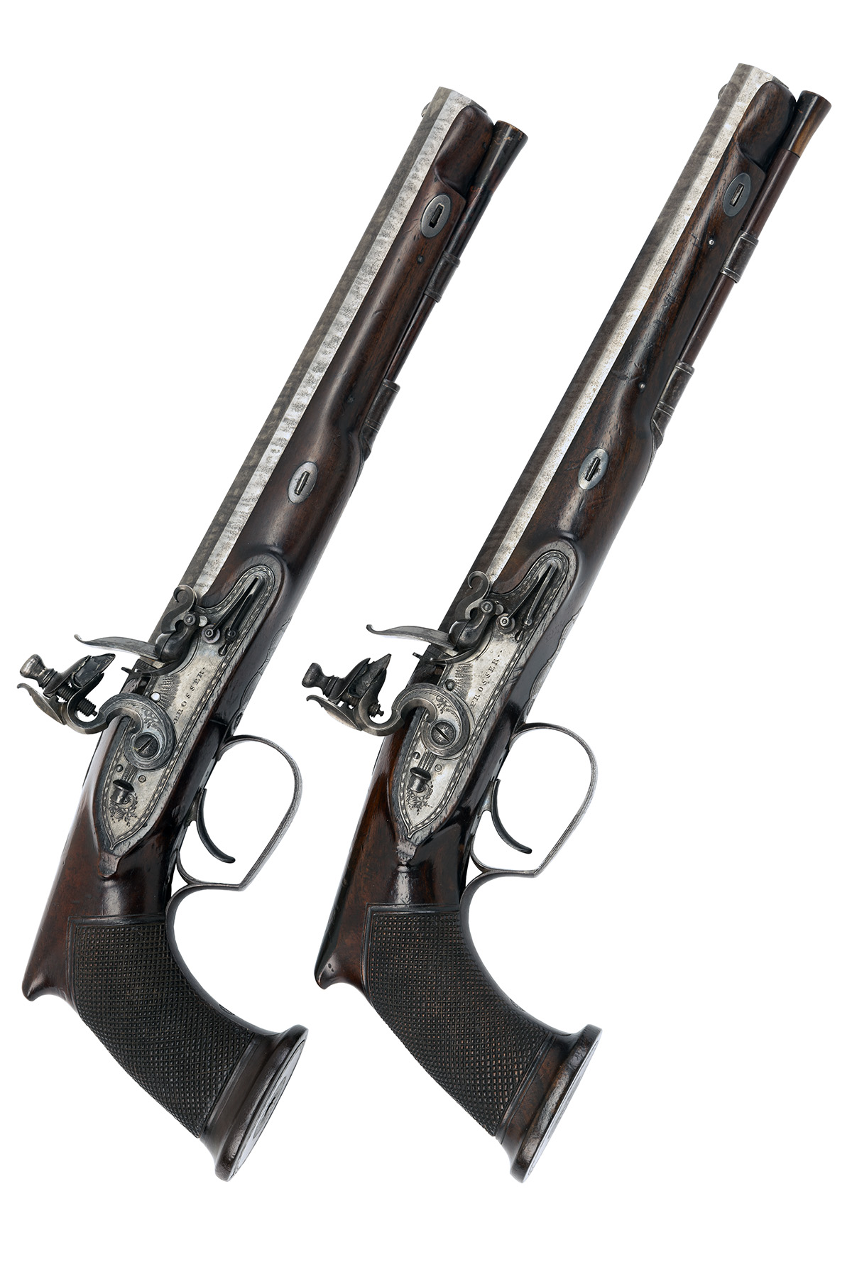 A CASED PAIR OF SAW-HANDLED 28-BORE FLINTLOCK DUELLING PISTOLS BY J. PROSSER, LONDON, no visible