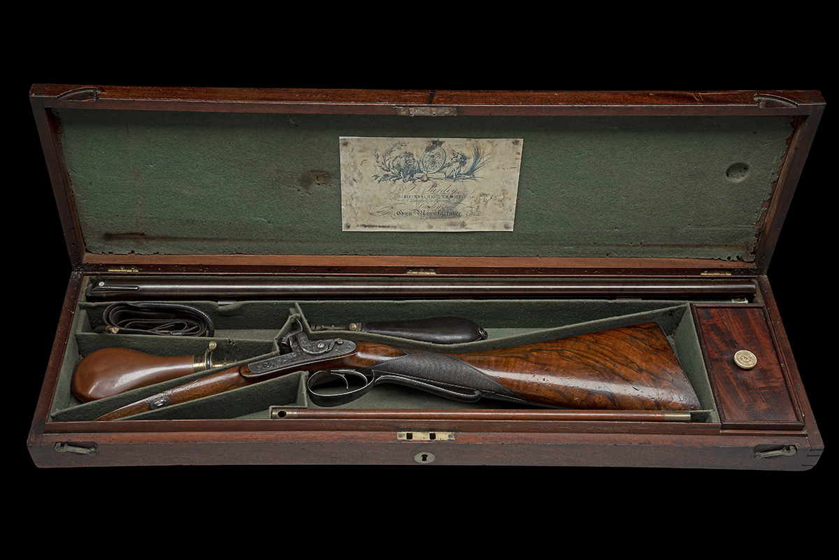 AN HISTORIC CASED 14-BORE PERCUSSION SPORTING GUN WITH CROSSOVER STOCK MADE FOR CHARLES ELEY BY - Image 10 of 12