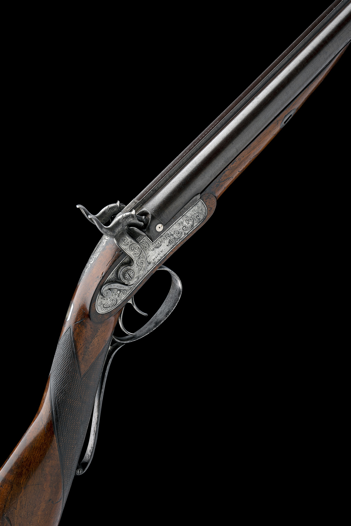 AN HISTORIC CASED 14-BORE PERCUSSION SPORTING GUN WITH CROSSOVER STOCK MADE FOR CHARLES ELEY BY