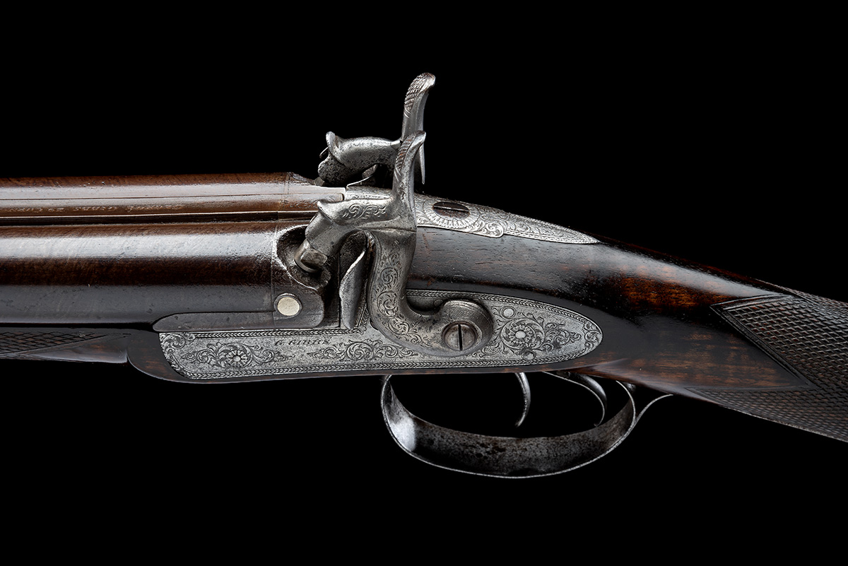 A CASED 12-BORE PERCUSSION DOUBLE-BARRELLED SPORTING GUN SIGNED GEORGE GIBBS, no visible serial - Image 7 of 9