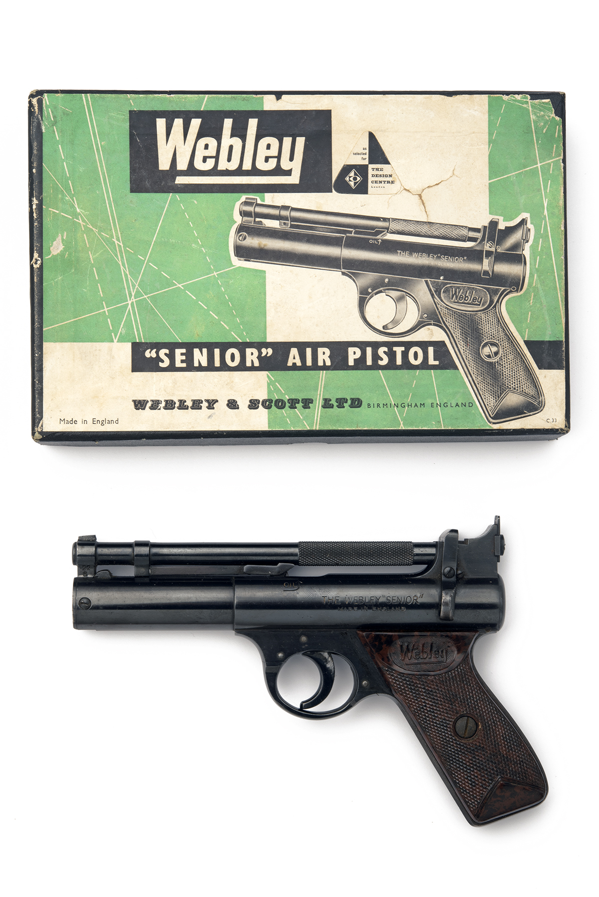 A BOXED .22 WEBLEY & SCOTT 'MODEL SENIOR' AIR-PISTOL, batch no. 359, circa 1955, with blued smooth-