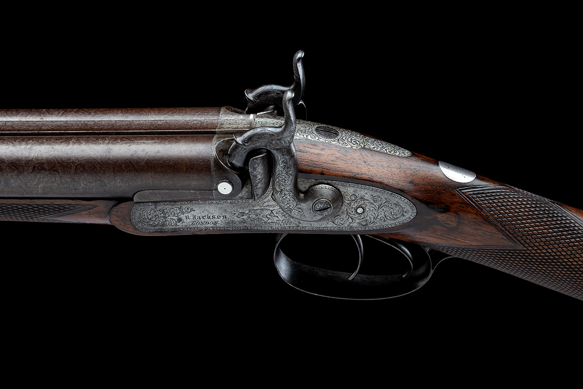 A GOOD 10-BORE PERCUSSION DOUBLE-BARRELLED SPORTING GUN SIGNED R. JACKSON, LONDON, serial no. 923, - Image 7 of 8