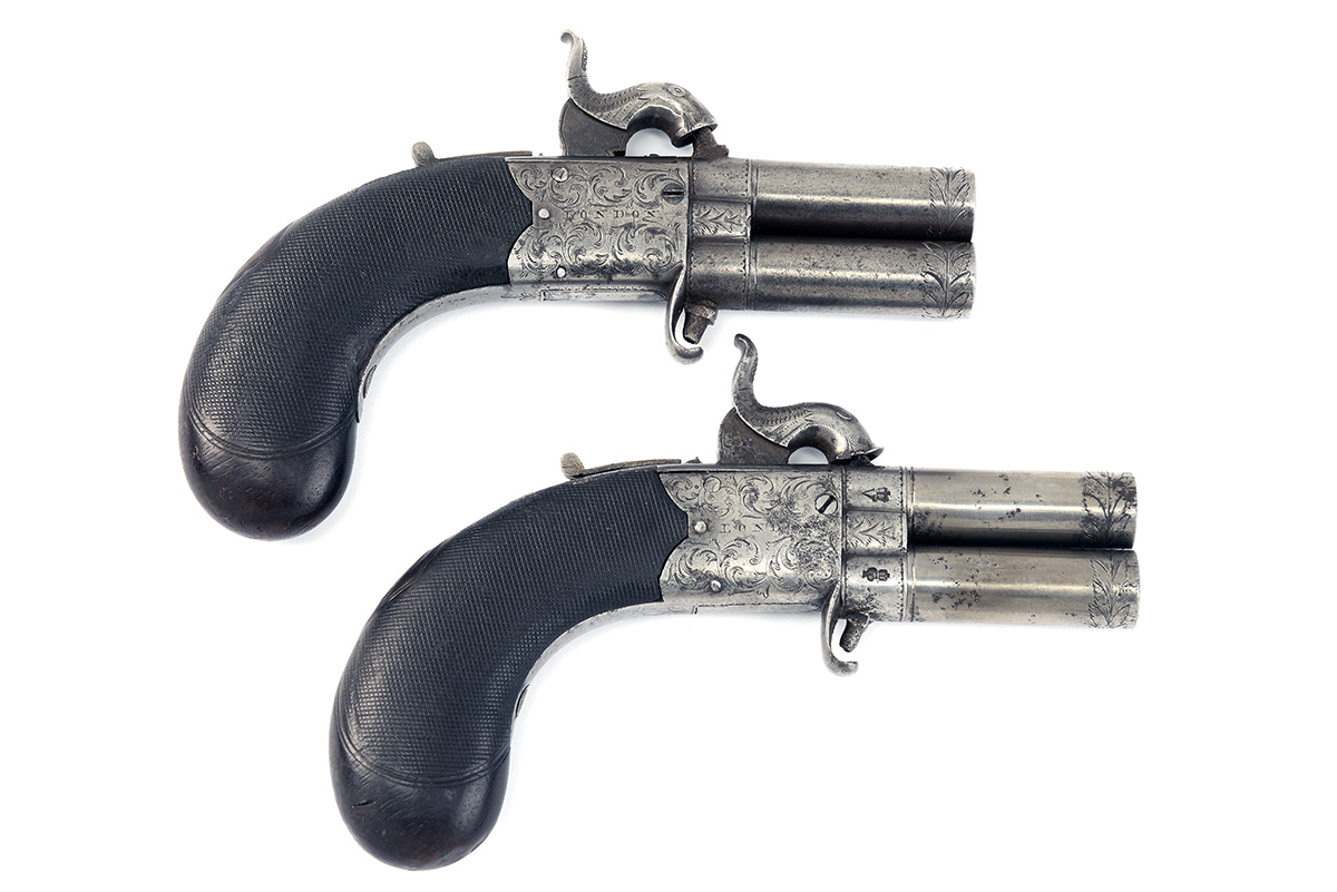 A CASED PAIR OF 80-BORE PERCUSSION TURN-OVER POCKET PISTOLS BY COLLINS OF LONDON CIRCA 1840, no - Image 2 of 4