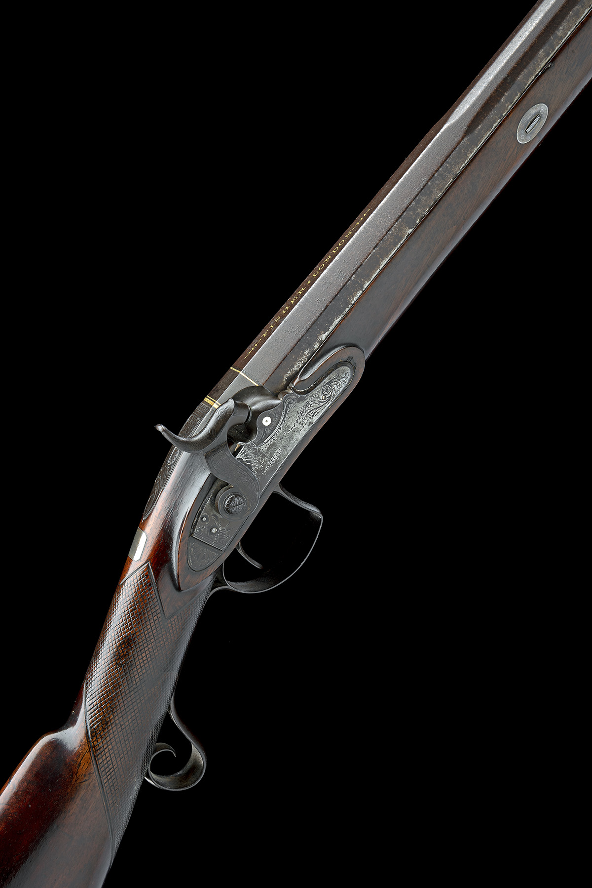 A 12-BORE PERCUSSION SINGLE-BARRELLED SPORTING GUN SIGNED FISHER, LONDON, no visible serial