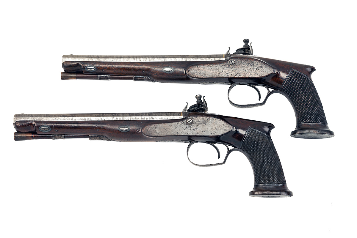 A CASED PAIR OF SAW-HANDLED 28-BORE FLINTLOCK DUELLING PISTOLS BY J. PROSSER, LONDON, no visible - Image 3 of 8
