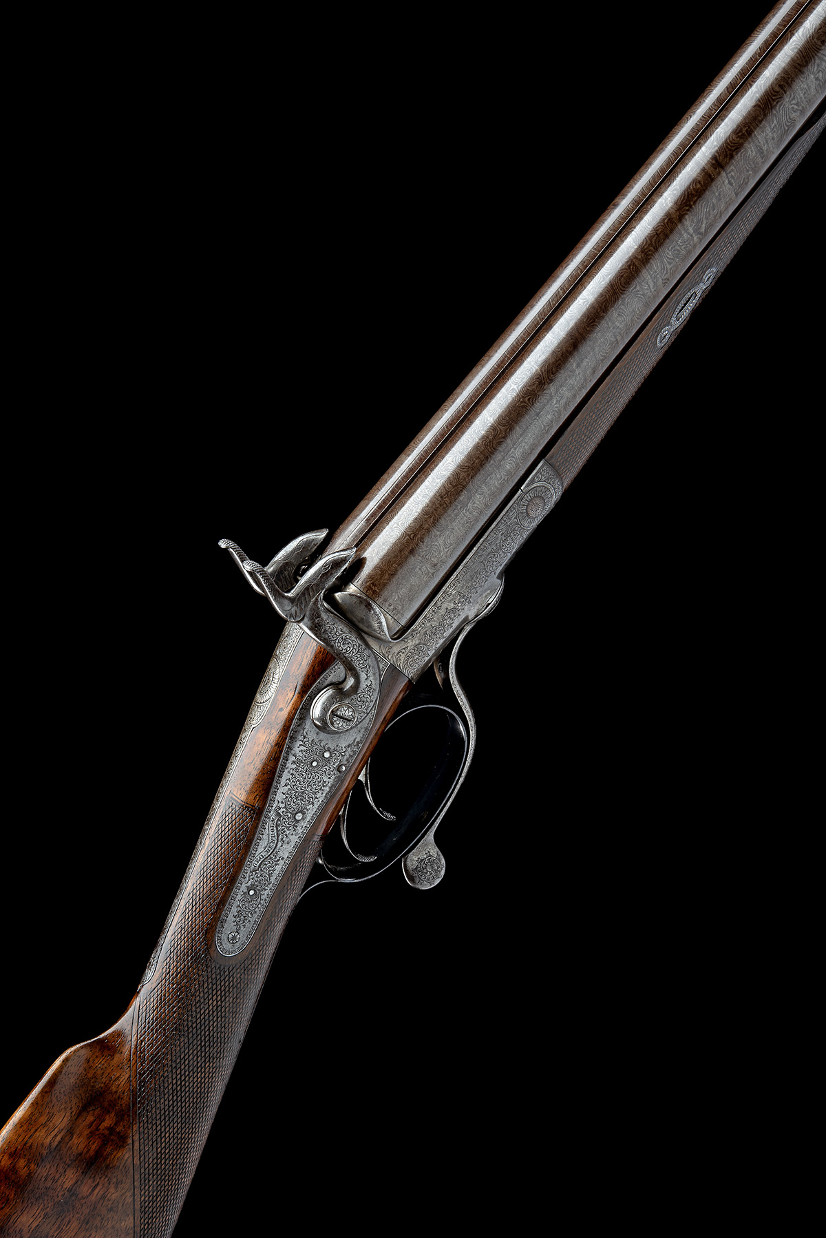 A GOOD 12-BORE PINFIRE DOUBLE-BARRELLED SPORTING GUN SIGNED GEORGE DENHOLM, HADDINGTON, no visible