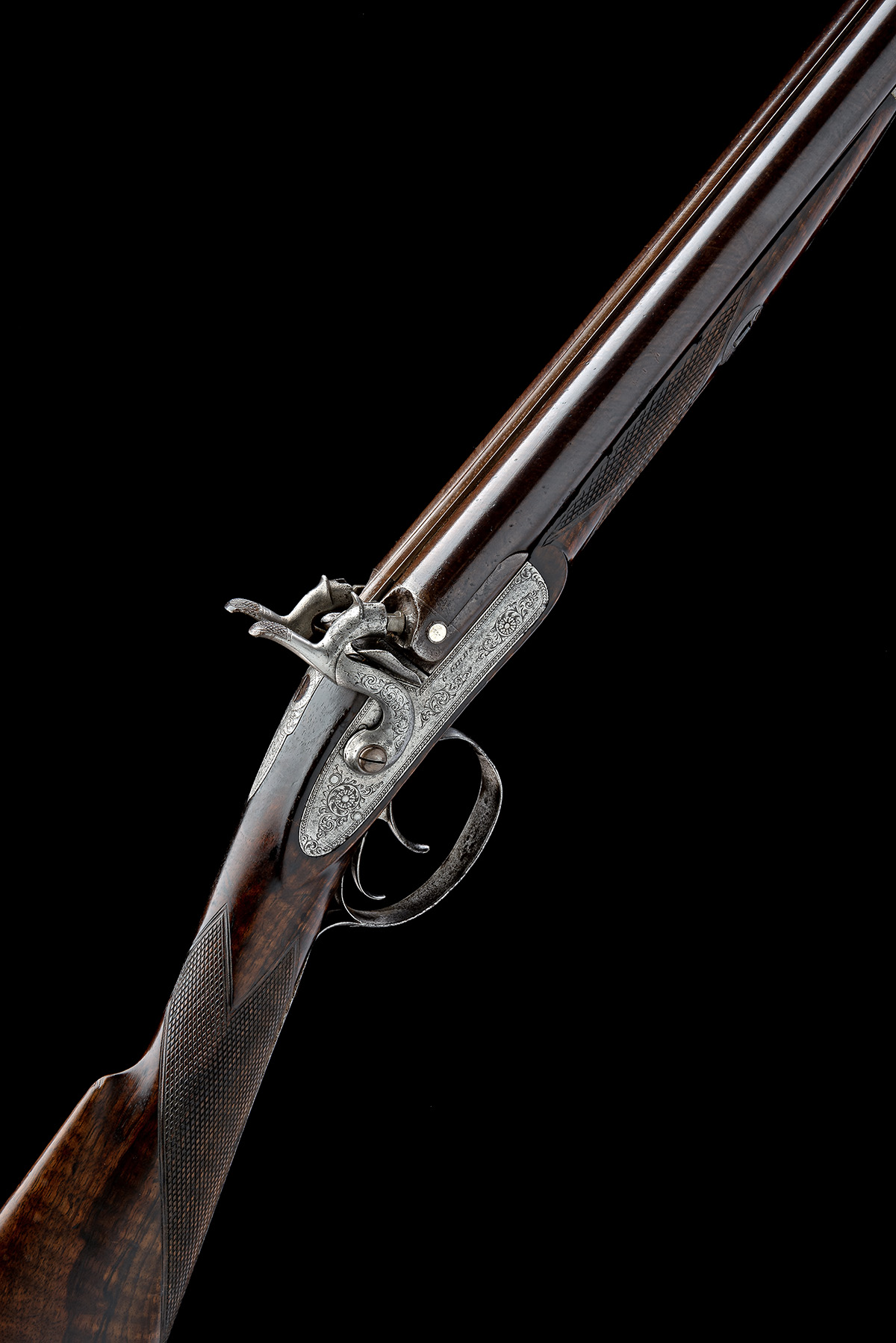 A CASED 12-BORE PERCUSSION DOUBLE-BARRELLED SPORTING GUN SIGNED GEORGE GIBBS, no visible serial