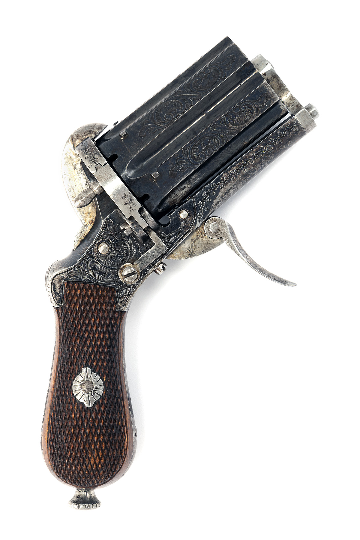 A GOOD 9mm PINFIRE LIEGE-MADE ENGRAVED PEPPERBOX REVOLVER CIRCA 1870, no visible serial number, 1