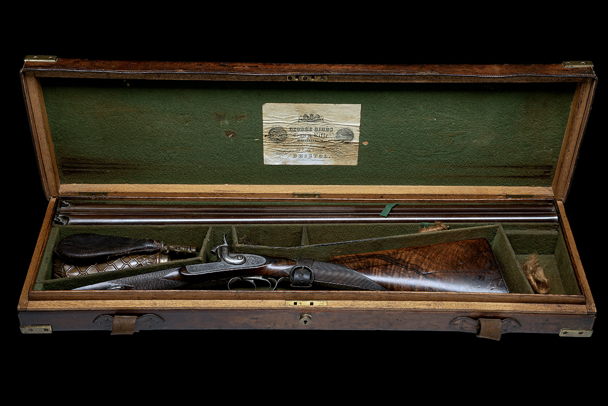 A CASED 12-BORE PERCUSSION DOUBLE-BARRELLED SPORTING GUN SIGNED GEORGE GIBBS, no visible serial - Image 9 of 9