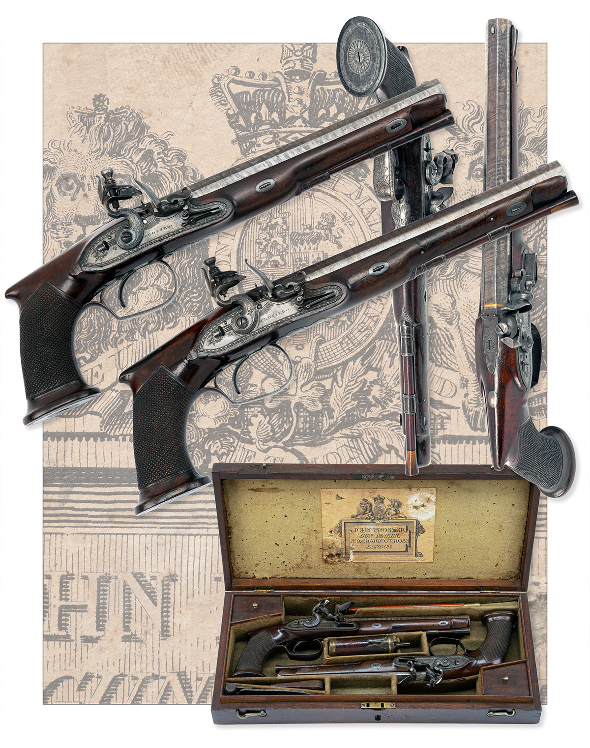 A CASED PAIR OF SAW-HANDLED 28-BORE FLINTLOCK DUELLING PISTOLS BY J. PROSSER, LONDON, no visible - Image 8 of 8