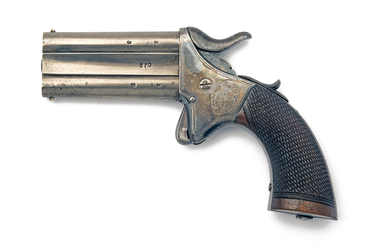 A RARE .30 (RIMFIRE) WOODWARD'S PATENT OVER AND UNDER TURN-OVER POCKET PISTOL, CIRCA 1865, serial no