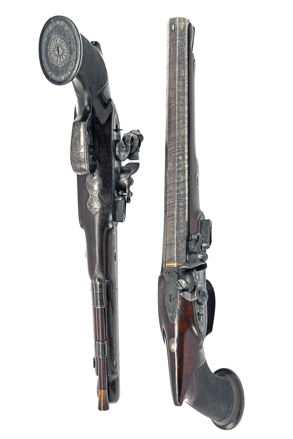 A CASED PAIR OF SAW-HANDLED 28-BORE FLINTLOCK DUELLING PISTOLS BY J. PROSSER, LONDON, no visible - Image 6 of 8