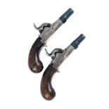 A PAIR OF 100-BORE PERCUSSION CANNON-BARRELLED TURN-OFF MUFF PISTOLS WITH TEAT SAFES, UNSIGNED, no