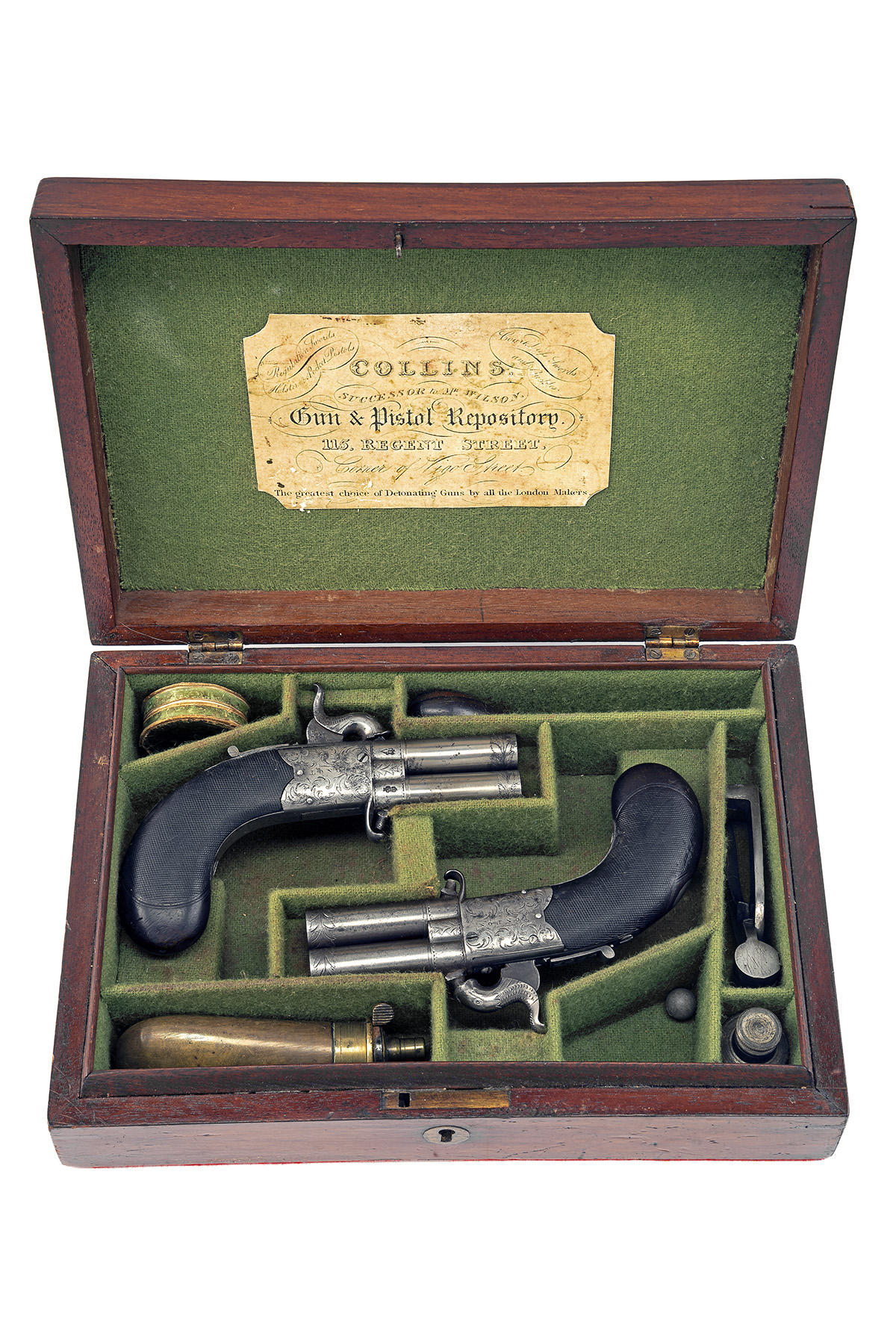 A CASED PAIR OF 80-BORE PERCUSSION TURN-OVER POCKET PISTOLS BY COLLINS OF LONDON CIRCA 1840, no