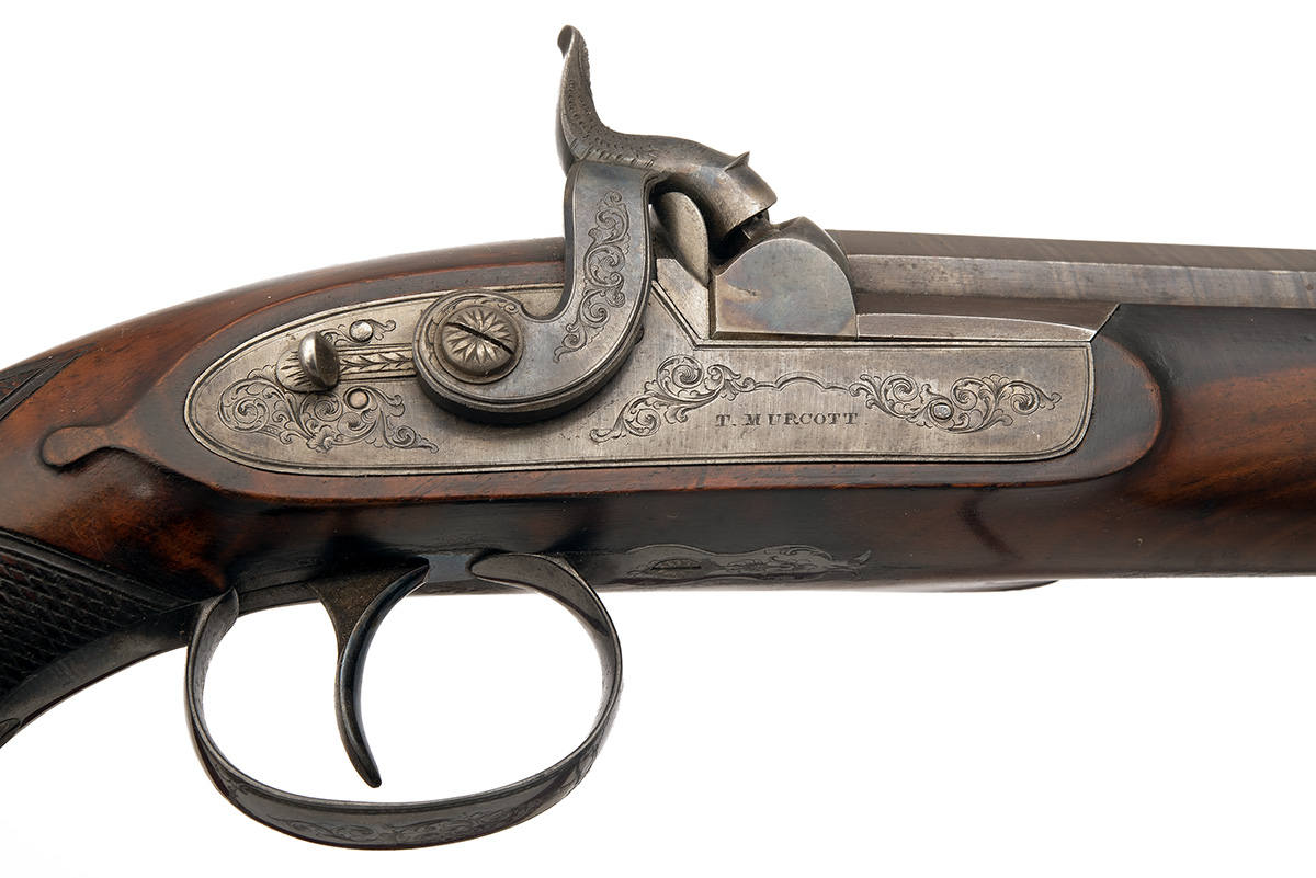A GOOD CASED PAIR OF .650 PERCUSSION OFFICER'S PISTOLS SIGNED T. MURCOTT, serial numbered 439, circa - Image 9 of 15