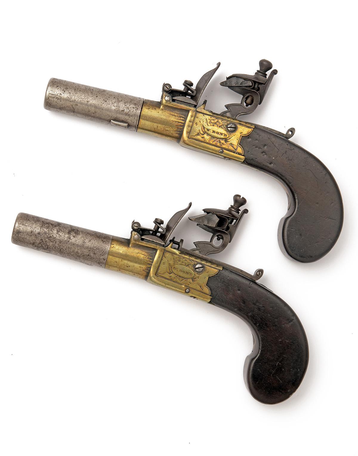 A PAIR OF 32-BORE FLINTLOCK RIFLED TRAVELLING PISTOLS SIGNED W. BOND, LONDON, no visible serial - Image 2 of 5