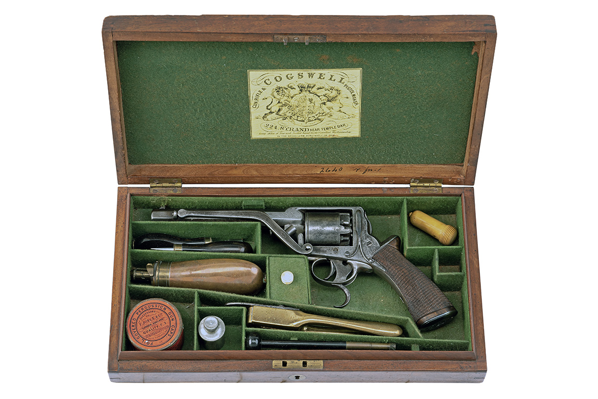 A CASED 54-BORE TRANTER SECOND MODEL DOUBLE-TRIGGER PERCUSSION REVOLVER RETAILED BY B. COGSWELL,