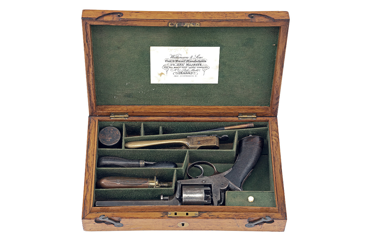 A CASED 38-BORE PERCUSSION REVOLVER OF ADAMS TYPE, SIGNED WILKINSON, serial no. 1006, circa 1856,