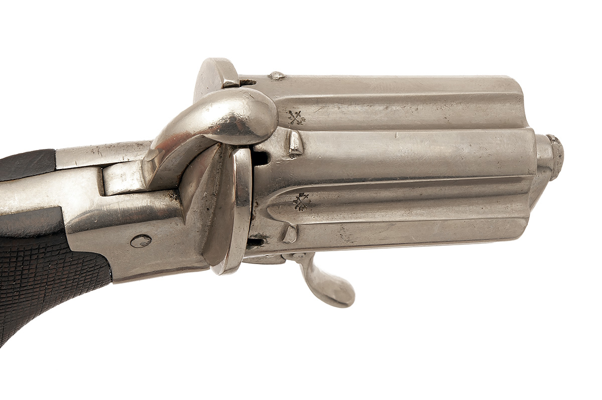 AN ENGLISH MARKET .30 (PINFIRE) NICKEL-PLATED PEPPERBOX REVOLVER SIGNED LE FREZ, no visible serial - Image 5 of 5