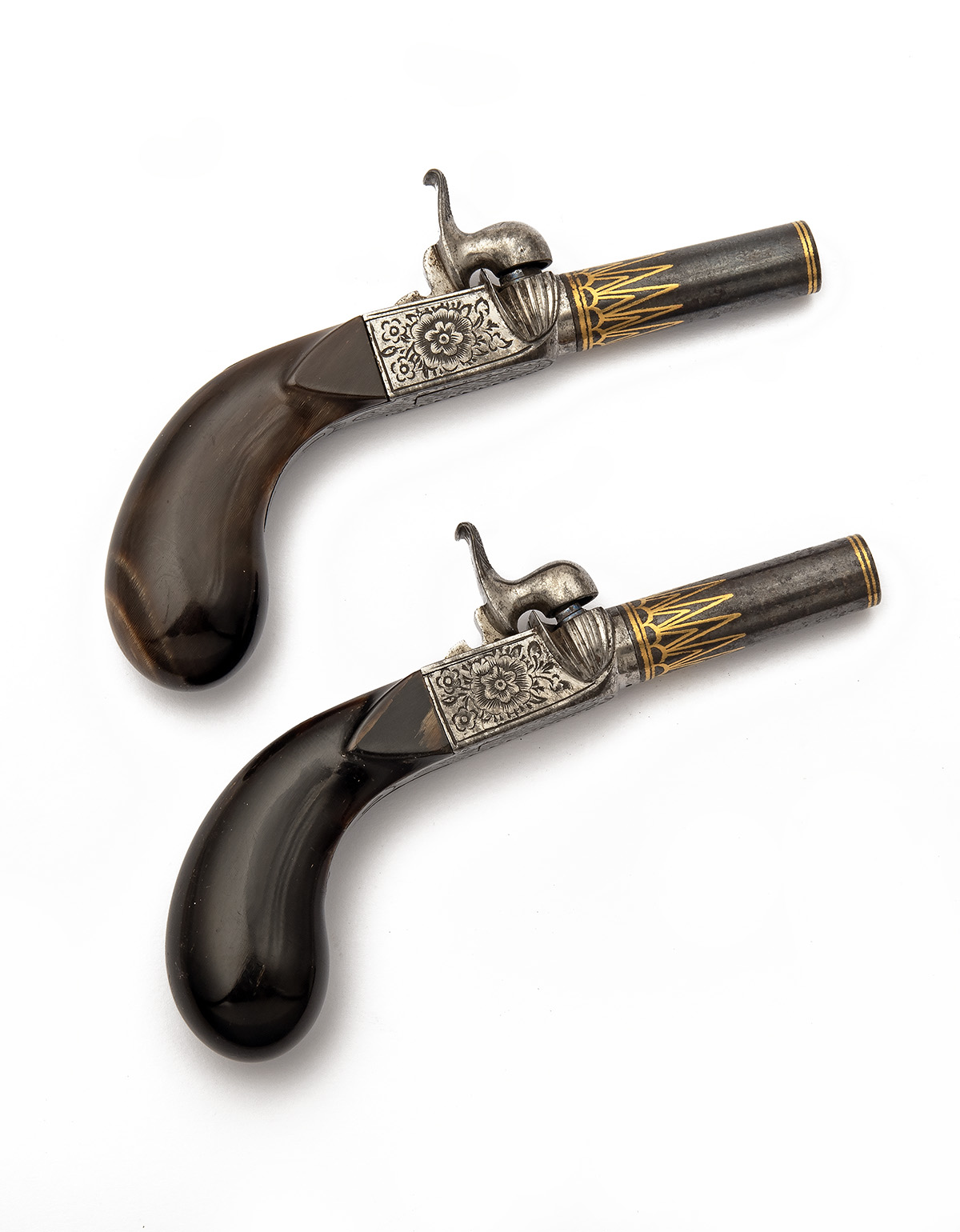 AN EXQUISITE CASED PAIR OF 180-BORE CONTINENTAL PERCUSSION MUFF PISTOLS OF SMALL SIZE, UNSIGNED, - Image 2 of 8