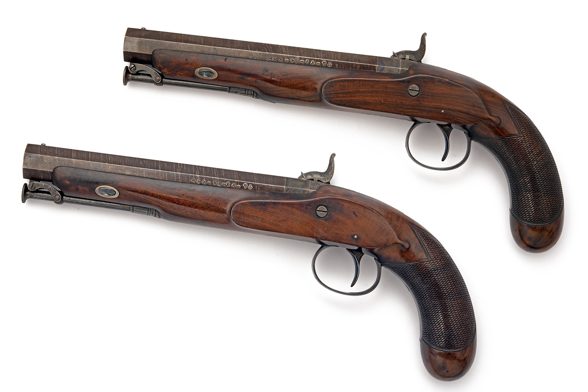 A GOOD CASED PAIR OF .650 PERCUSSION OFFICER'S PISTOLS SIGNED T. MURCOTT, serial numbered 439, circa - Image 2 of 15