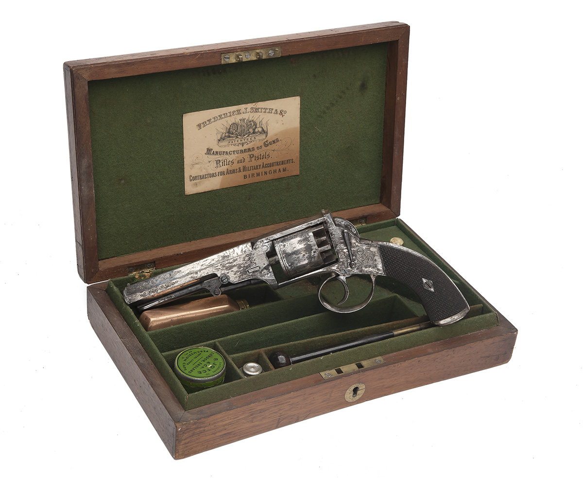 A CASED SILVER-PLATED 60-BORE WEBLEY WEDGE-FRAME PERCUSSION REVOLVER RETAILED BY F. SMITH & CO.