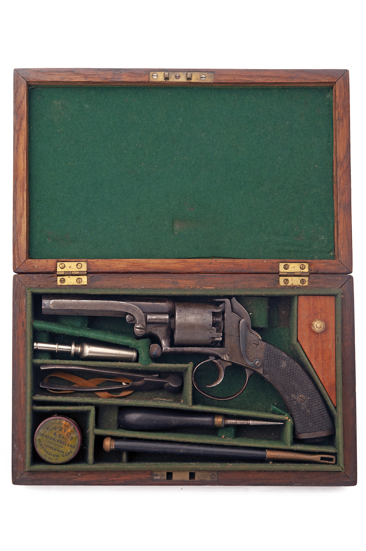 A CASED 60-BORE PERCUSSION REVOLVER OF BENTLEY TYPE, UNSIGNED, no visible serial number, circa 1855,