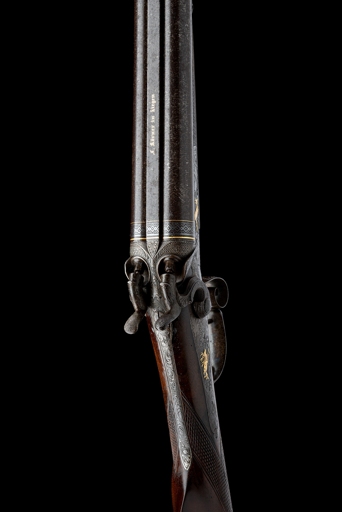 FRIEDRICH KORNER AN ORNATE 20-BORE LEFAUCHEUX PATENT UNDERLEVER HAMMERGUN, no visible serial number, - Image 4 of 8