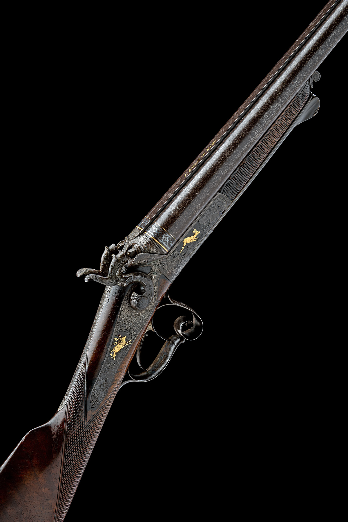 FRIEDRICH KORNER AN ORNATE 20-BORE LEFAUCHEUX PATENT UNDERLEVER HAMMERGUN, no visible serial number,