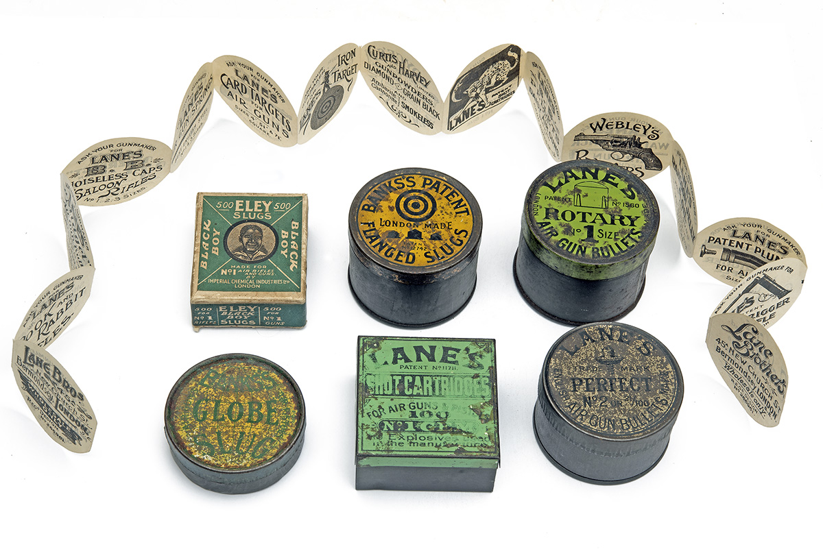 AN EXCEPTIONALLY RARE COLLECTION OF SIX EARLY AIRGUN AMMUNITION TINS AND CONTENTS TOGETHER WITH A