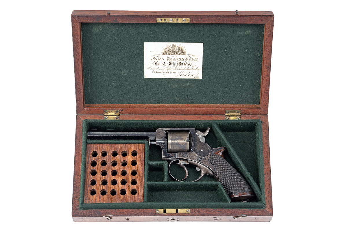 A CASED .380 (RIMFIRE) TRANTER'S PATENT REVOLVER RETAILED BY J. BLANCH, LONDON, serial no. 7232,