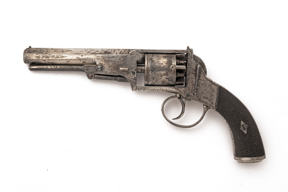 A CASED SILVER-PLATED 60-BORE WEBLEY WEDGE-FRAME PERCUSSION REVOLVER RETAILED BY F. SMITH & CO. - Image 3 of 8