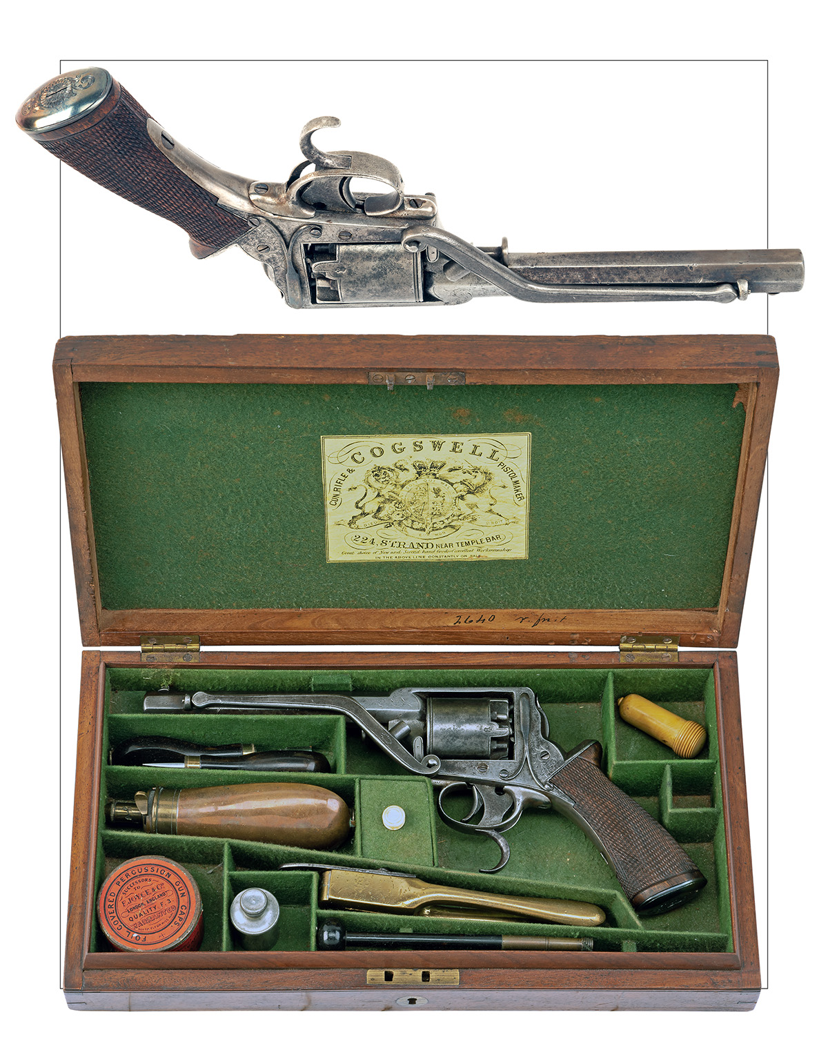 A CASED 54-BORE TRANTER SECOND MODEL DOUBLE-TRIGGER PERCUSSION REVOLVER RETAILED BY B. COGSWELL, - Image 6 of 6