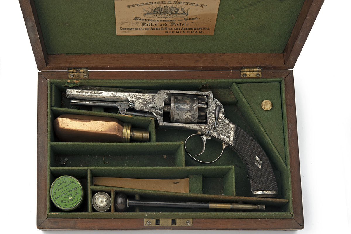 A CASED SILVER-PLATED 60-BORE WEBLEY WEDGE-FRAME PERCUSSION REVOLVER RETAILED BY F. SMITH & CO. - Image 7 of 8