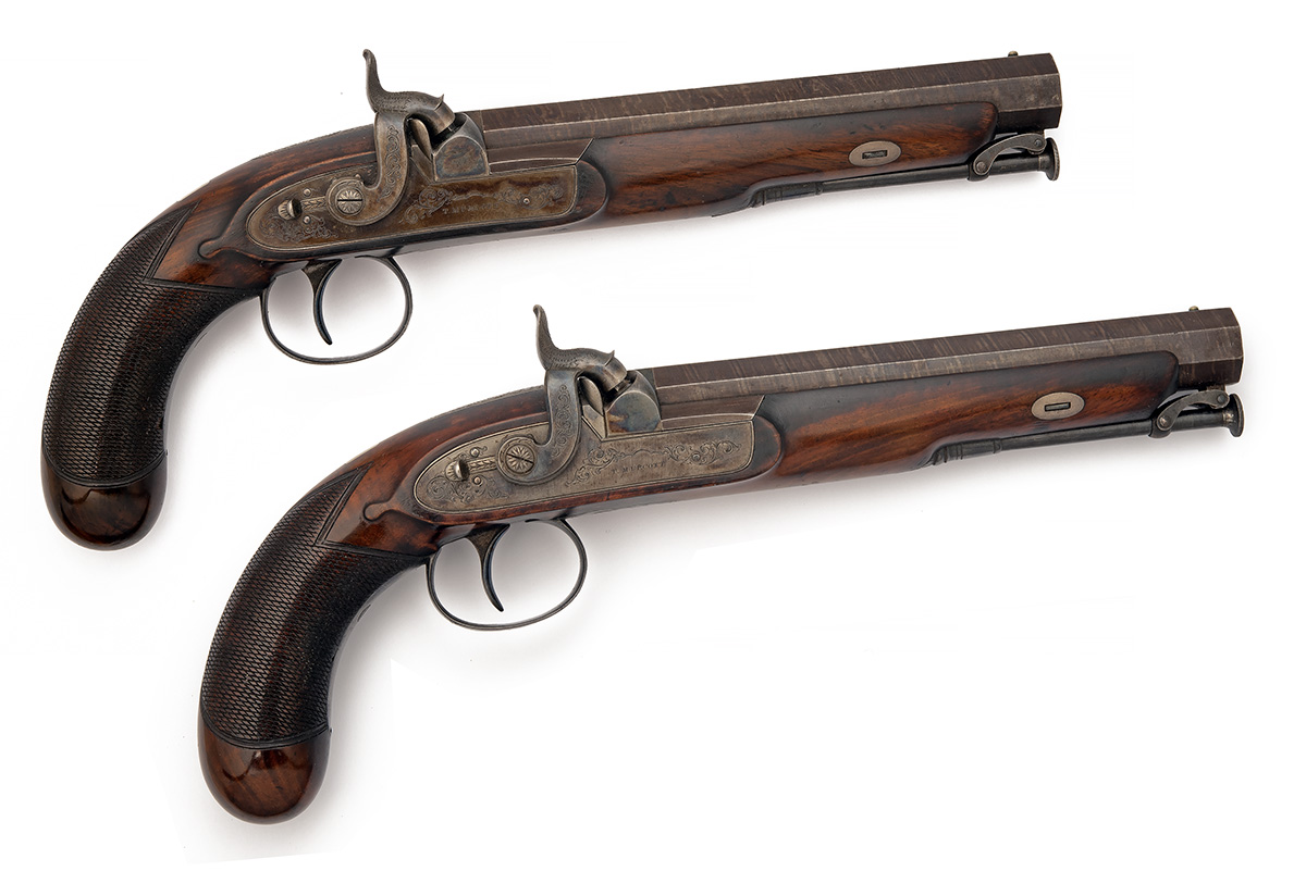 A GOOD CASED PAIR OF .650 PERCUSSION OFFICER'S PISTOLS SIGNED T. MURCOTT, serial numbered 439, circa