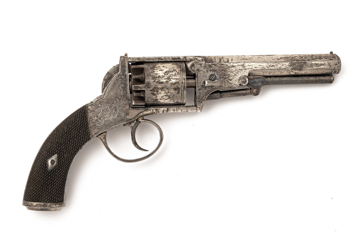 A CASED SILVER-PLATED 60-BORE WEBLEY WEDGE-FRAME PERCUSSION REVOLVER RETAILED BY F. SMITH & CO. - Image 2 of 8