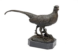 A BRONZE PHEASANT, mounted on an irregular octagonal marble plinth, measuring approx. 12 1/2in. x 17