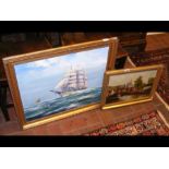E.G BURROWS - oil on canvas of tall ship in gilt f