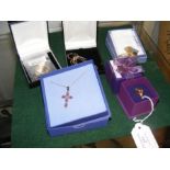 A 9ct gold amethyst cross pendant, 9ct gold ring e