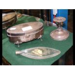A silver oval jewellery box together with scent bo