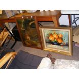 A bevelled wall mirror with over painted scene of