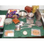 A selection of collectables including teaspoons, s