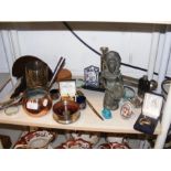Assorted curios, including a small brass pot, leat