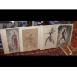 Four framed and glazed paintings of vintage theatre costume designs